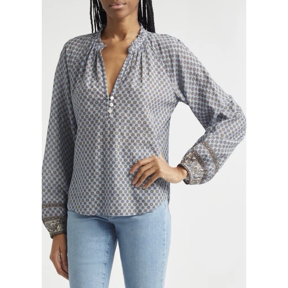 VERONICA BEARD sz.12 Linds Split Neck Top Blue Jay Geometric Tunic NEW $348